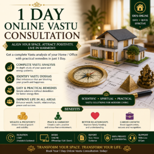 Get a complete online Vastu consultation in 1 day with simple remedies to improve energy success and harmony in your home or office.